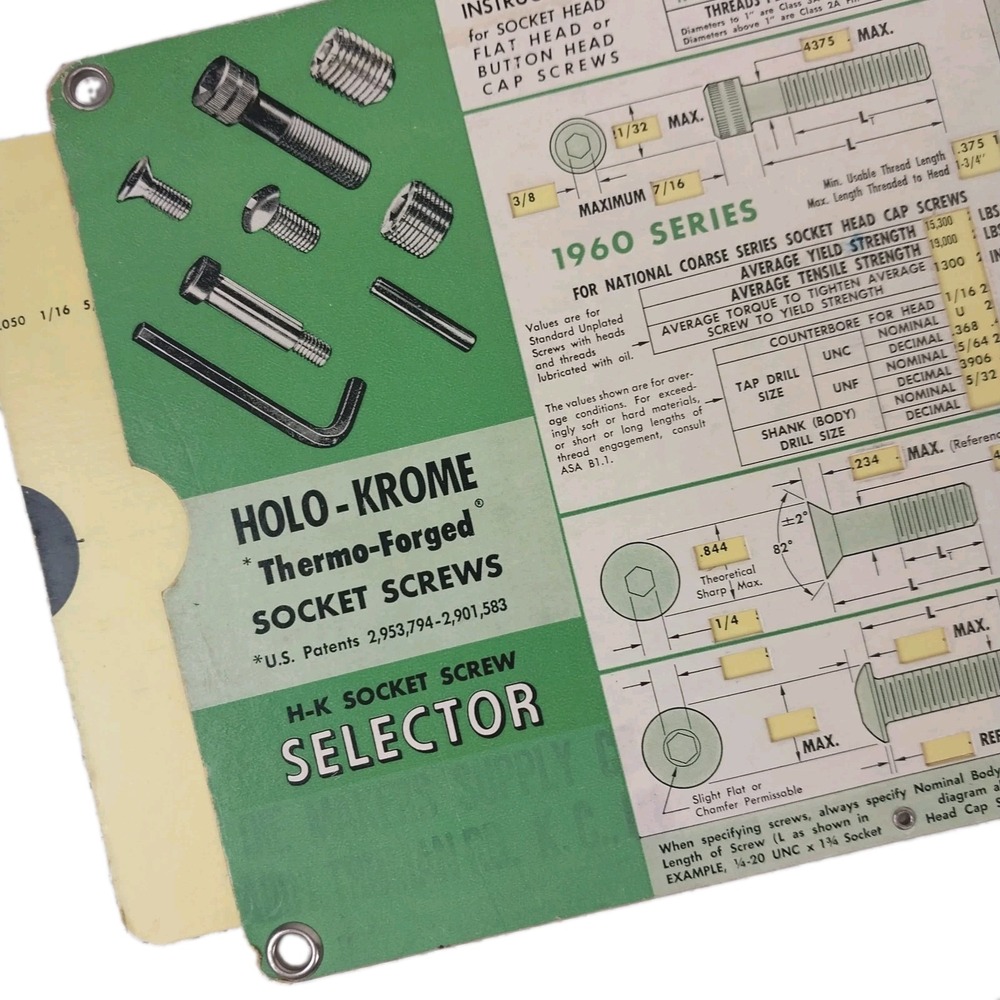Vtg 1960 Holo-Krome Thermo-Forged Socket Screw Selector Double Sided Slide Chart